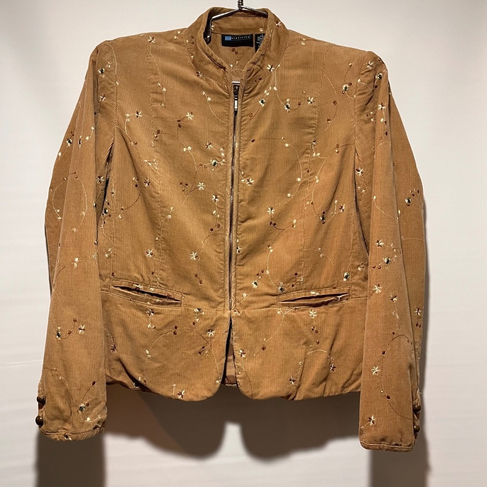 Relativity Womens Corduroy‎ Embroidered Floral Jacket Tan Zip Up Stand Collar